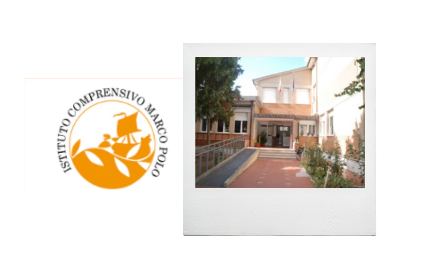 L'immagine mostra su uno sfondo bianco un logo circolare arancione a sinistra, con una nave stilizzata e la scritta "Istituto Comprensivo Marco Polo". A destra, è presente una fotografia in stile Polaroid che ritrae l'edificio scolastico dell'istituto, con la sua entrata e alcune finestre.