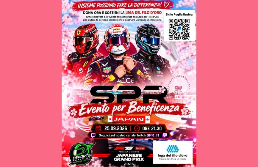 Locandina di un evento benefico di eSport dedicato al Gran Premio del Giappone di Formula 1 2026, organizzato da Sicilia Puglia Racing. In primo piano, tre piloti di Formula 1 con caschi e tute delle rispettive scuderie, su uno sfondo rosa con fiori di ciliegio e il circuito giapponese. La locandina riporta la data del 25 settembre 2026, alle ore 21:30, e invita a seguire la diretta sul canale Twitch SPR_f1. Il ricavato sarà devoluto alla Lega del Filo d’Oro. Sono presenti il logo dell’associazione, il QR code per le donazioni e i loghi di SPR e Lenovo F1 Sim Racing.