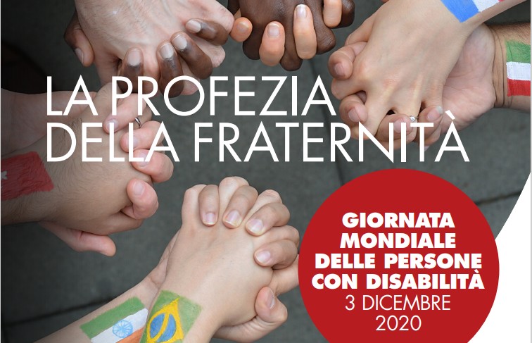 Cinque coppie di mani si stringono, ogni mano ha dipinta su di essa la bandiera di una Nazione diversa. Il titolo dell'evento La Profezia Della Fraternità è in primo piano.