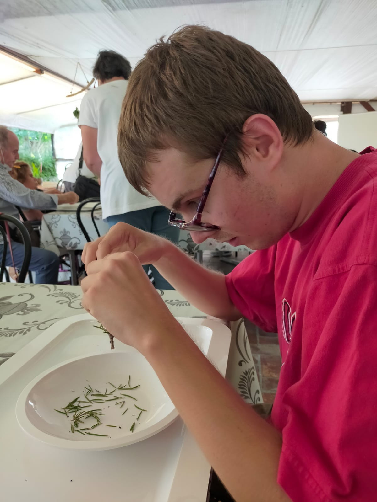 Un utente della Lega del Filo d'Oro è intento a pulire un rametto di rosmarino mentre prepara un piatto.