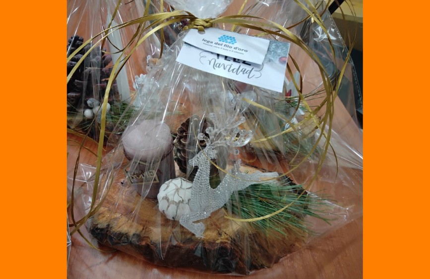 L'immagine mostra una composizione natalizia racchiusa in una confezione trasparente legata con un nastro dorato. Include un pezzo di tronco d'albero come base, pigne, aghi di pino e una decorazione di renna scintillante. Un biglietto "lega del filo d'oro" con la scritta "Navidad" è visibile in cima.