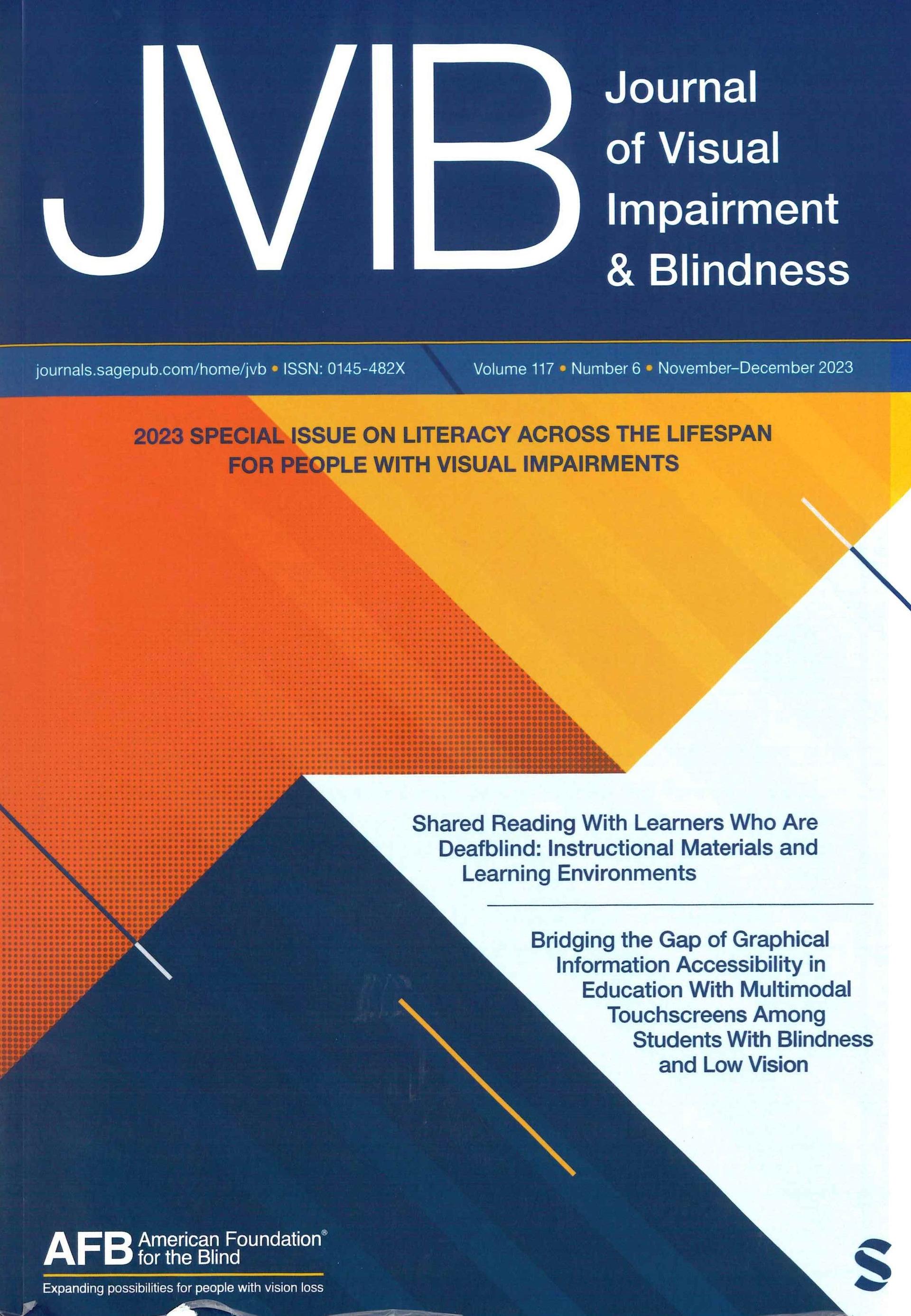 Copertina della rivista "Shared Reading With Learners Who Are Deafblind: Instructional Materials and Learning Environments" di Christopher Brum. L'illustrazione in copertina rappresenta forme geometriche di vari colori a contrasto.