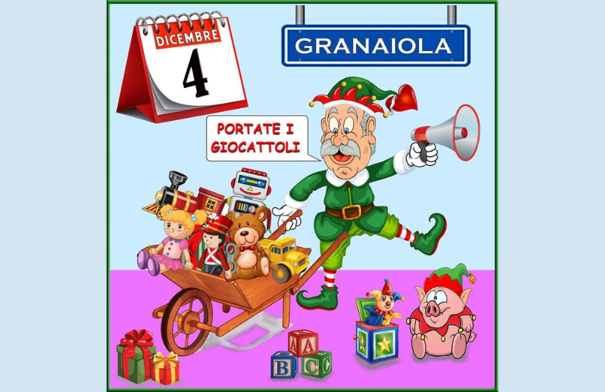 L'immagine è un colorato poster promozionale su sfondo celeste e rosa, che annuncia una raccolta giocattoli a Granaio il 4 dicembre. È illustrato un elfo vestito di verde con un megafono, che spinge una carriola colma di giocattoli, affiancato da un maialino natalizio.