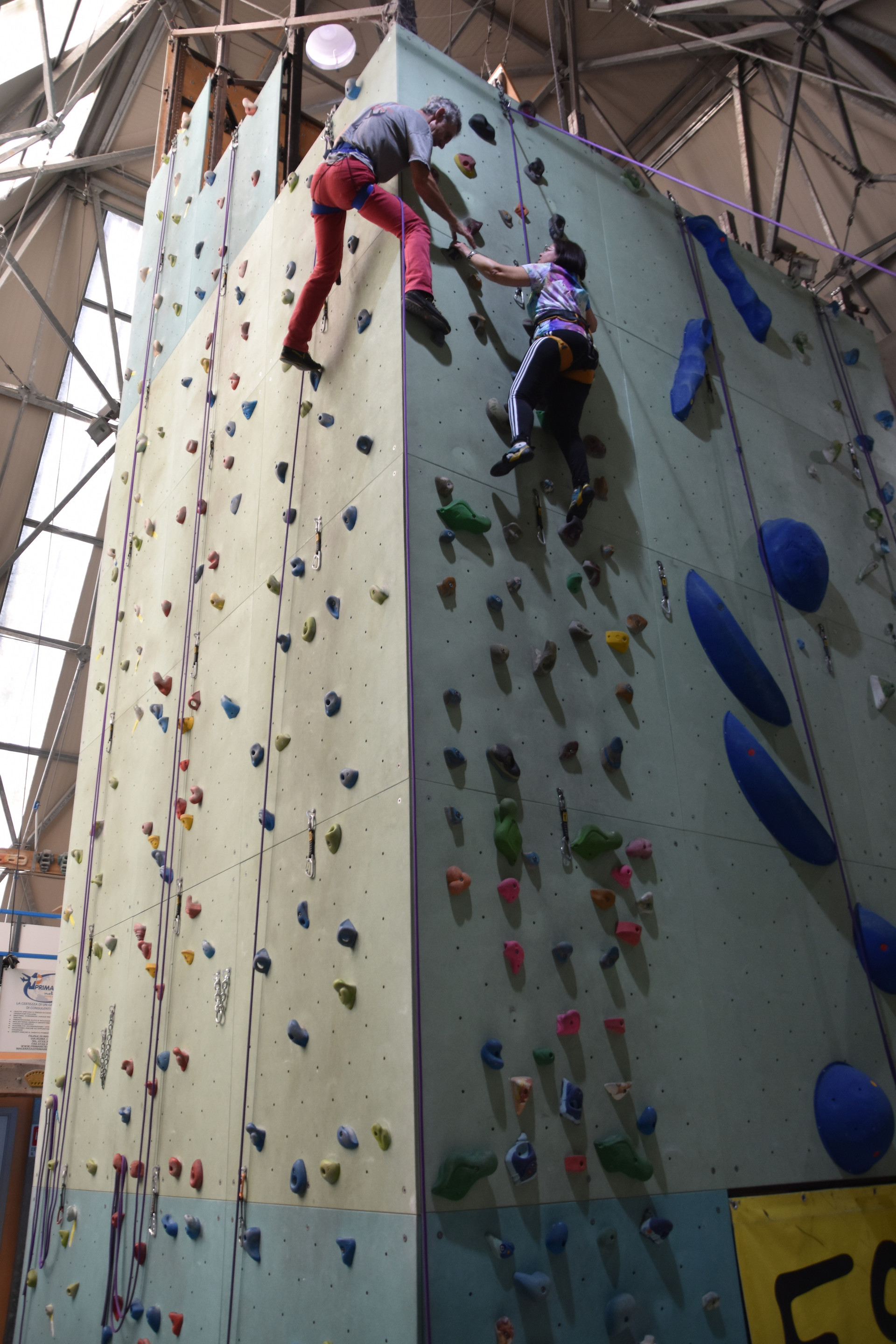 Un gruppo di persone seguite dal Servizio Territoriale di Osimo ha recentemente partecipato ad una giornata di arrampicata, con l'obiettivo di andare oltre le barriere sensoriali, sviluppare fiducia in sé stessi e socializzare. Una donna, dotata di imbracatura di sicurezza, scala una parete da arrampicata indoor sotto la supervisione attenta del personale della struttura. 