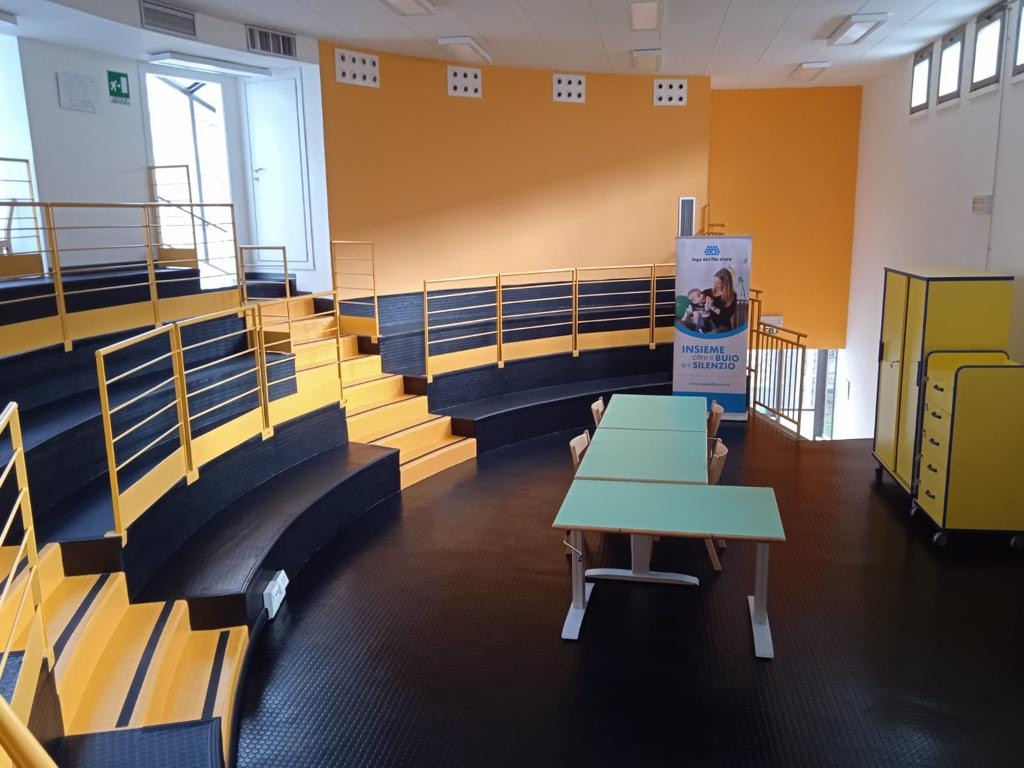 Foto dell'interno della Sede di Novara: un'ampia stanza con da un lato tre file di sedili disposti in gradoni semicircolari (come un piccolo anfiteatro) di colore blu e giallo