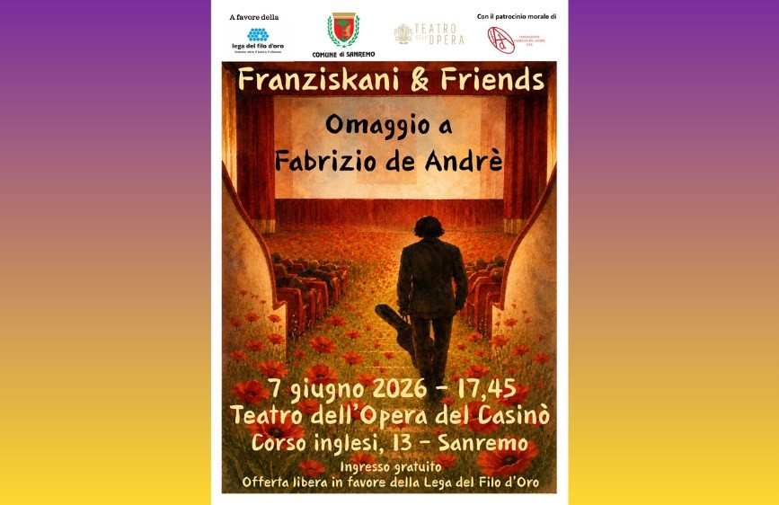 Locandina concerto omaggio De Andrè musicista di spalle con chitarra in mano si avvia verso il palco camminando su un tappeto di papaveri