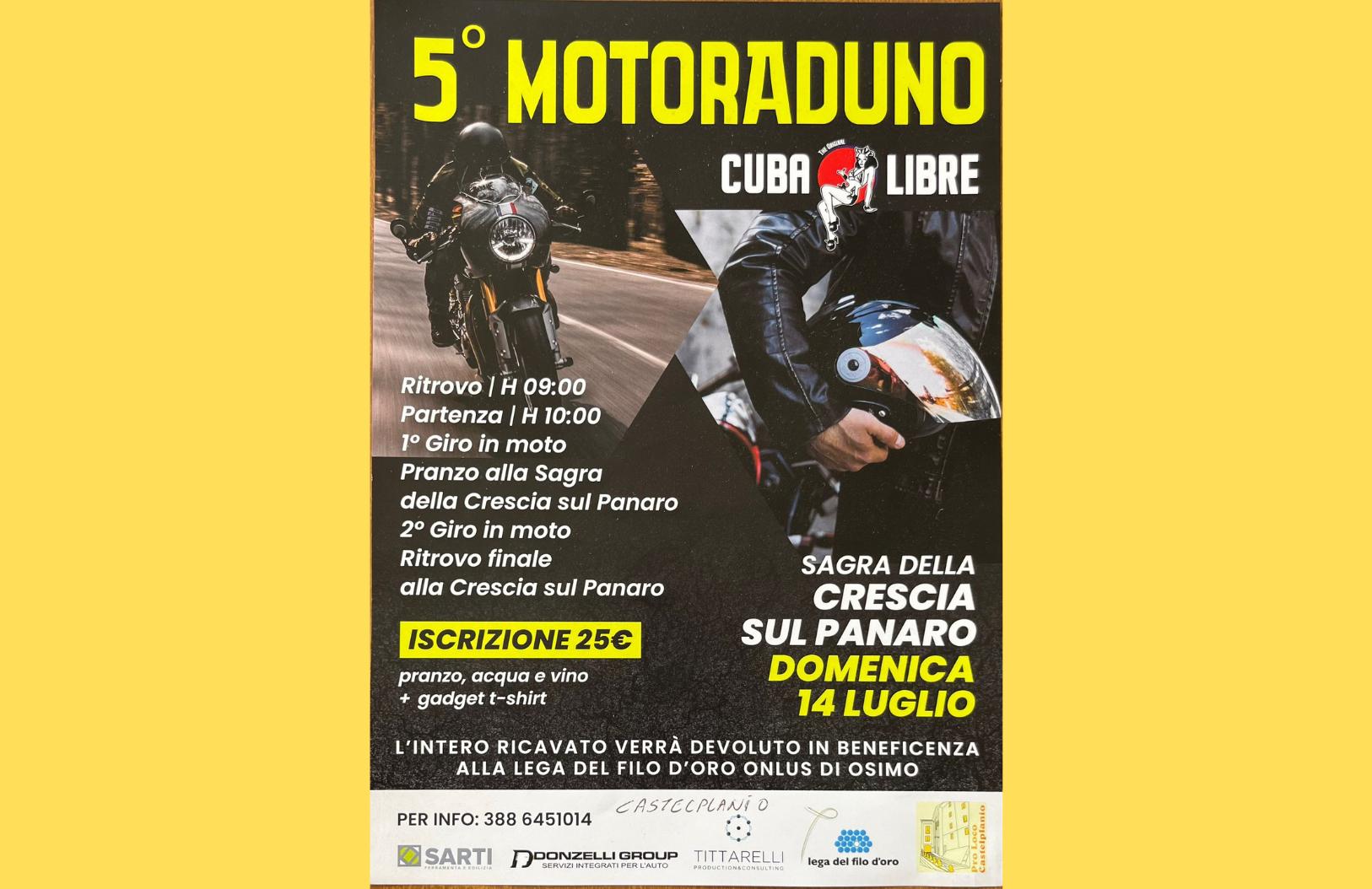 Locandina nera e gialla del 5° Motoraduno “Cuba Libre” con immagini di motociclisti; evento il 14 luglio 2024 alla Sagra della Crescia sul Panaro, con giro in moto e pranzo, a favore della Lega del Filo d’Oro. 