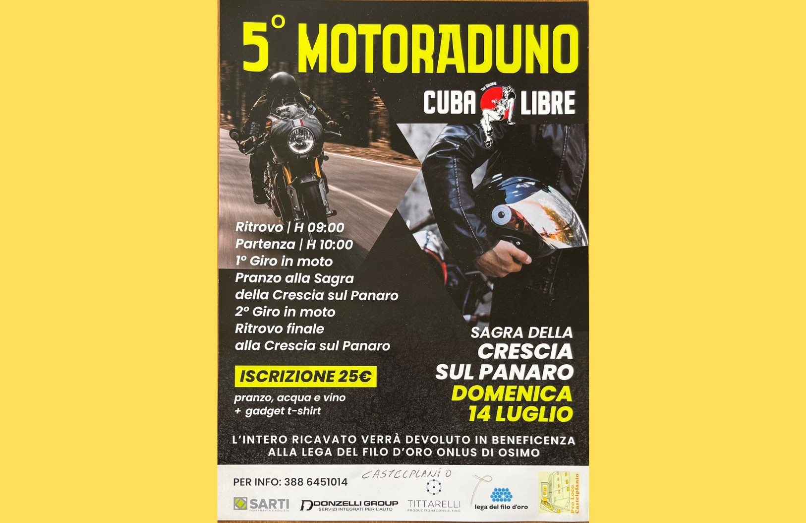 Locandina nera e gialla del 5° Motoraduno “Cuba Libre” con immagini di motociclisti; evento il 14 luglio 2024 alla Sagra della Crescia sul Panaro, con giro in moto e pranzo, a favore della Lega del Filo d’Oro. 