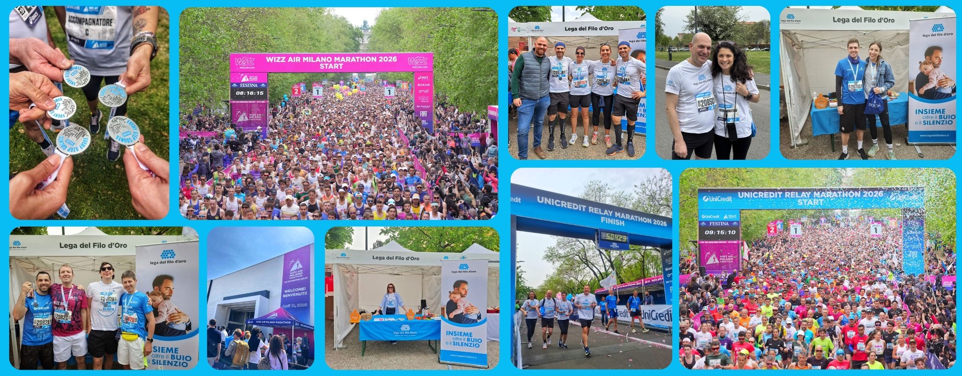 collage di foto dell'edizione 2026 charity program milano marathon: medaglie, stand, corridori, partenza maratona, partenza staffetta