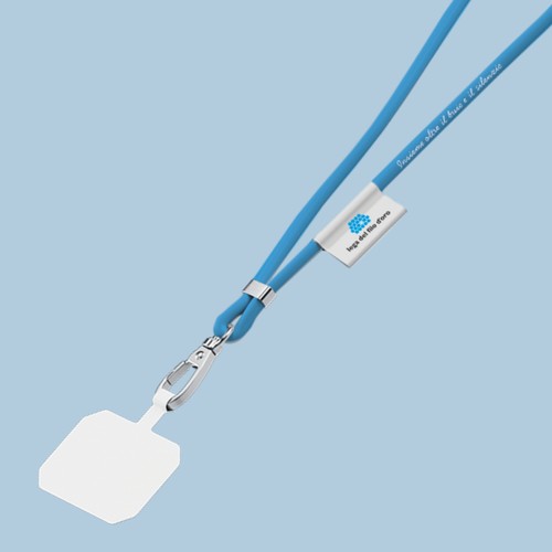 Laccetto per smartphone azzurro scritta "Insieme Oltre il Buio e il silenzio" e con etichetta che mostra il logo della Lega del Filo d'Oro. dettaglio del gancio 5