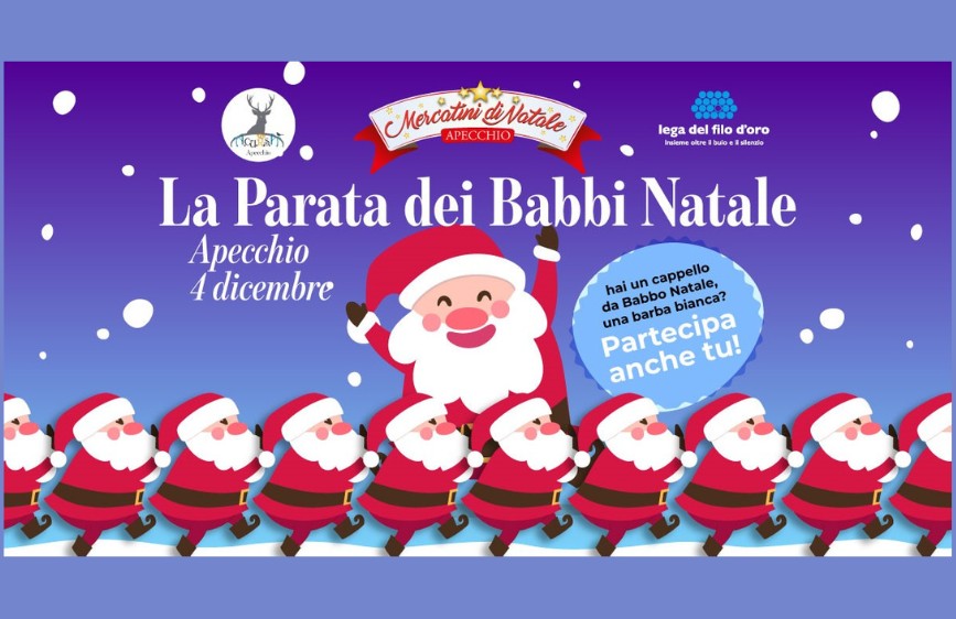 L'immagine è un poster colorato che annuncia "La Parata dei Babbi Natale" ad Apecchio il 4 dicembre. Presenta un Babbo Natale grande al centro che guida una fila di Babbi Natale più piccoli, con fiocchi di neve stilizzati sullo sfondo viola e un invito a partecipare per chi ha cappello e barba bianca.