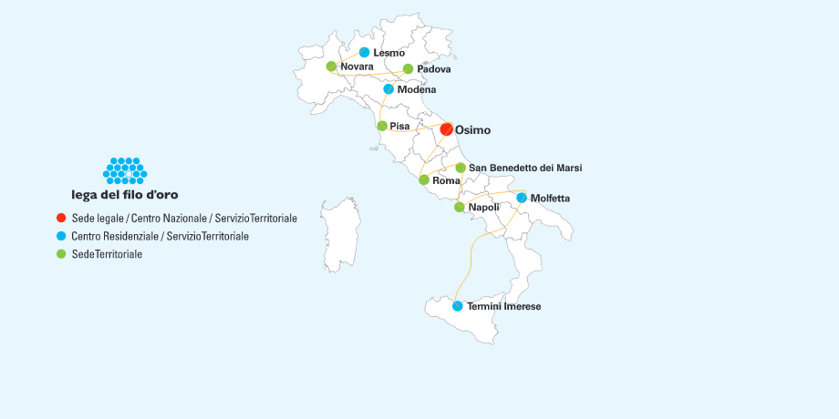 Mappa Italia delle Sedi territoriali e Centri Residenziali della Lega del Filo d'Oro presenti sul territorio nazionale