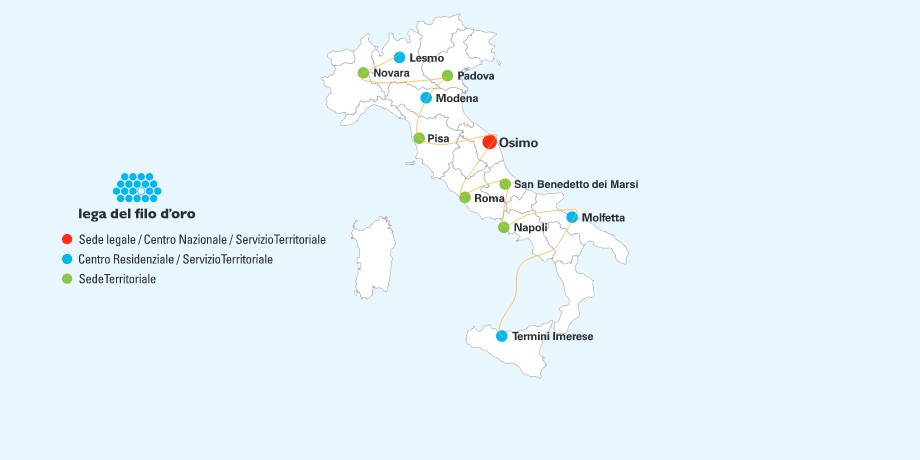 Mappa Italia delle Sedi territoriali e Centri Residenziali della Lega del Filo d'Oro presenti sul territorio nazionale