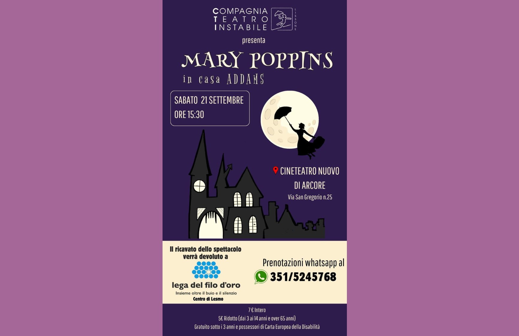 Locandina viola dello spettacolo “Mary Poppins in casa Addams”, in scena il 21 settembre 2024 al Cineteatro di Arcore; illustrazione di castello gotico e Mary Poppins che vola davanti alla luna. 