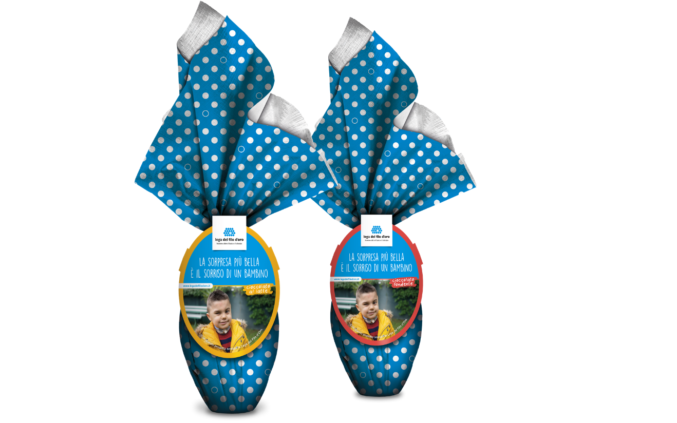 2 Uova di Pasqua al ciocciolato, una al latte e una fondente dell'azienda dolciaria Giammarini per la patnership con la Fondazione Lega del Filo d'Oro