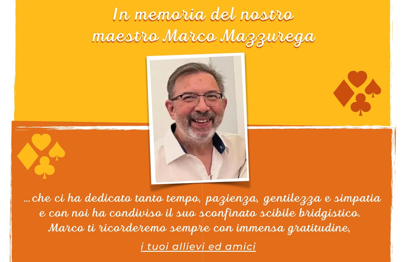 Grafica commemorativa con sfondo arancione e giallo dedicata a un uomo di mezza età con barba e occhiali, ritratto in una foto centrale mentre sorride. In alto compare il testo ‘In memoria del nostro maestro Marco Mazzurega’. Ai lati sono presenti simboli delle carte da gioco. Nella parte inferiore, su sfondo arancione scuro, è riportato un messaggio di ricordo e ringraziamento firmato ‘i tuoi allievi ed amici’