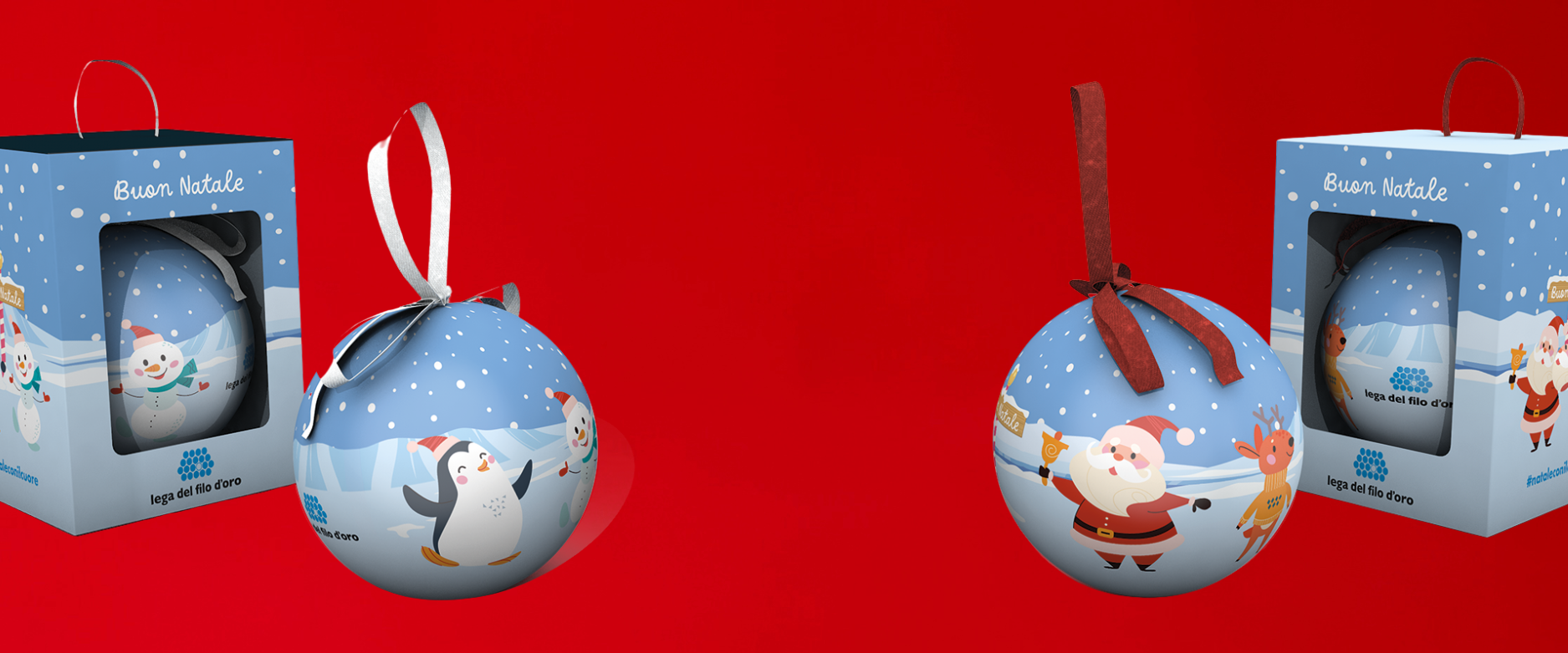 Foto su sfondo rosso delle palline per l'albero con il logo della Lega del Filo d'Oro, uno dei prodotti solidali ordinabili sul sito