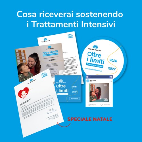 L'immagine mostra i materiali che riceve come riconoscimento l'azienda che sceglie di sostenere i Trattamenti Intensivi della Lega del Filo d'Oro - attestato, lettera di ringraziamento, post social, lettera dono personalizzata... 17