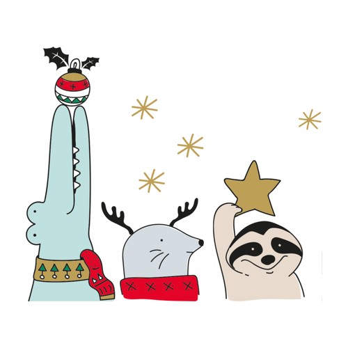 Disegno di 3 allegri e insoliti animaletti (un coccodrillo, una foca, un bradipo) che giocano con decori natalizi (palline, e stelline) 13