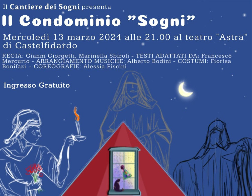 Locandina dello spettacolo "Il Condominio Sogni" promosso dalla Lega del Filo d'Oro, al Teatro "La nuova Fenice" di Osimo.
