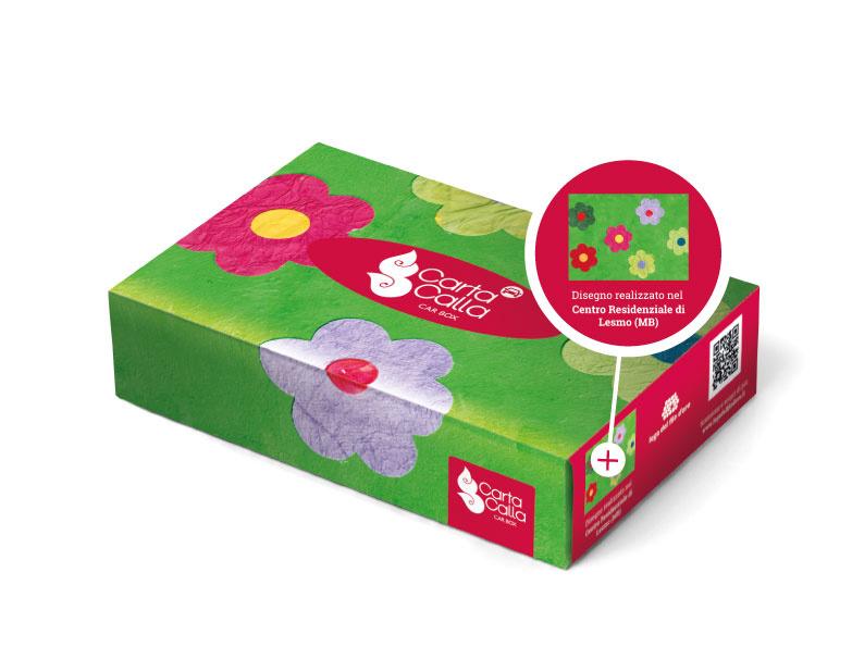 Packaging scatola fazzoletti con la grafica realizzata con i disegni dei ragazzi della Lega del Filo d'Oro per Tigotà