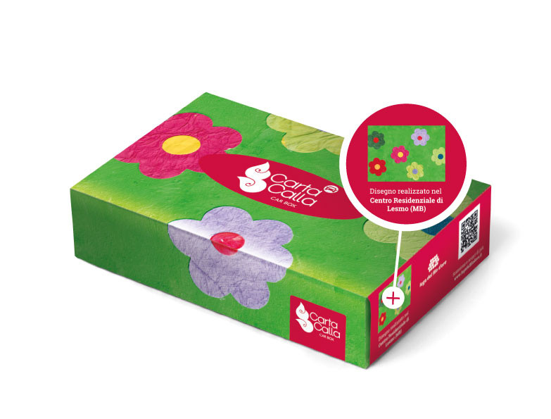 Packaging scatola fazzoletti con la grafica realizzata con i disegni dei ragazzi della Lega del Filo d'Oro per Tigotà