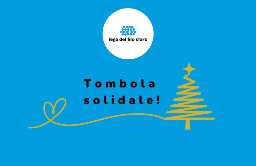 L'immagine mostra un poster su sfondo blu brillante con il logo della "Lega del Filo d'Oro" in un cerchio bianco in alto. Al centro, in lettere nere, c'è la scritta "Tombola solidale!", con un cuore stilizzato giallo a sinistra che si collega a un albero di Natale stilizzato dello stesso colore sulla destra.