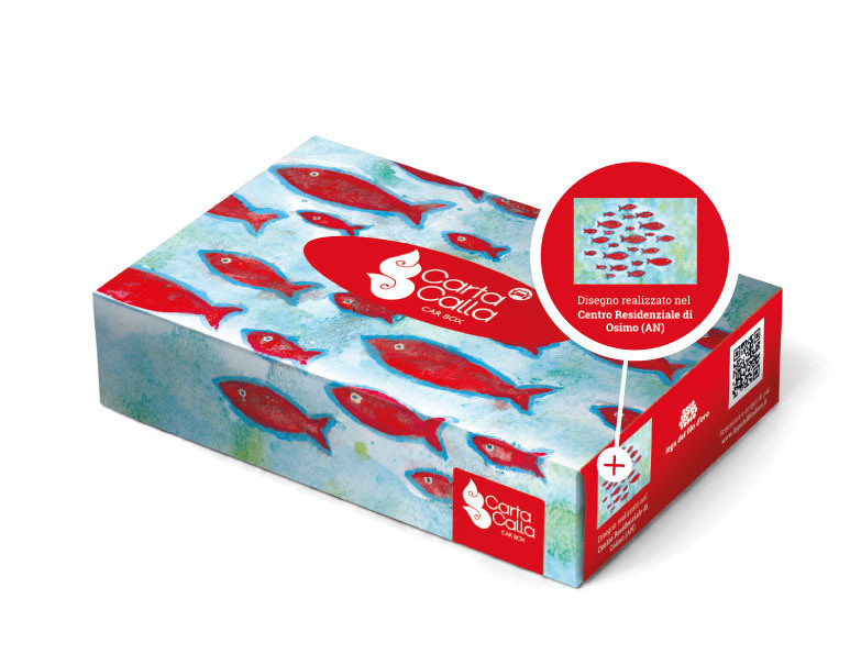 Packaging scatola fazzoletti con la grafica realizzata con i disegni dei ragazzi della Lega del Filo d'Oro per Tigotà