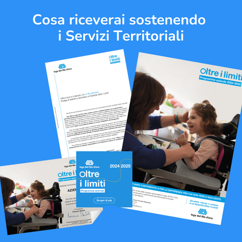 L'immagine mostra i materiali che riceve come riconoscimento l'azienda che sceglie di sostenere i Servizi Territoriali della Lega del Filo d'Oro - attestato, lettera di rigraziamento, banner per sito etc 5