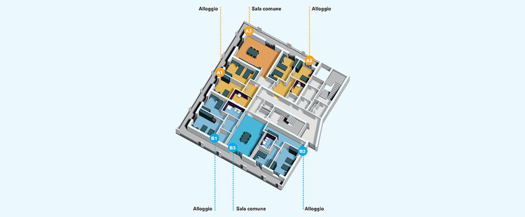 Centro Nazionale: piantina dell edificio 3 - secondo piano che illustra la funzione dei singoli edifici evidenziati in diversi colori