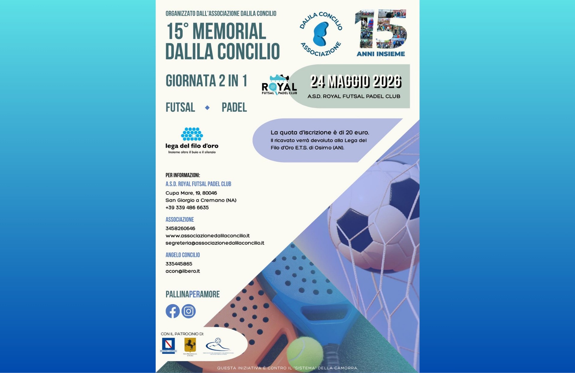 Locandina evento sportivo con immagine di un pallone e di due racchette da padel