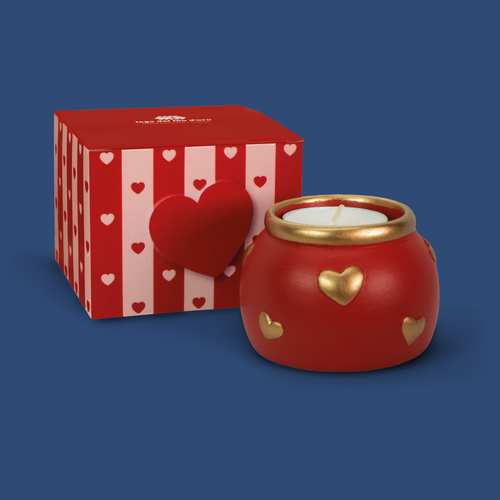 Portacandele in ceramica rossa con cuoricini in rilievo dorati, con la sua scatolina da regalo in cartoncino