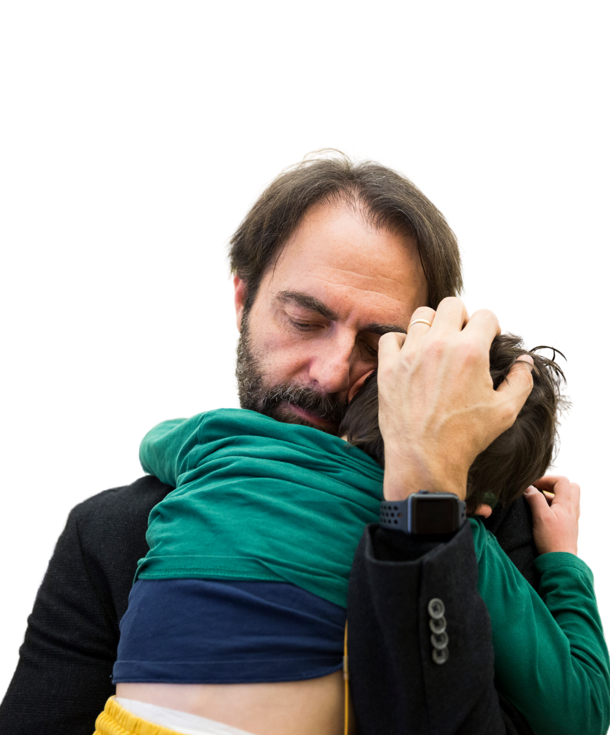 Neri Marcorè, testimonial della Lega del Filo d'Oro racconta la sua esperienza con la Fondazione. Nella foto, molto commosso, abbraccia Nicolò, un piccolo bambino sordocieco