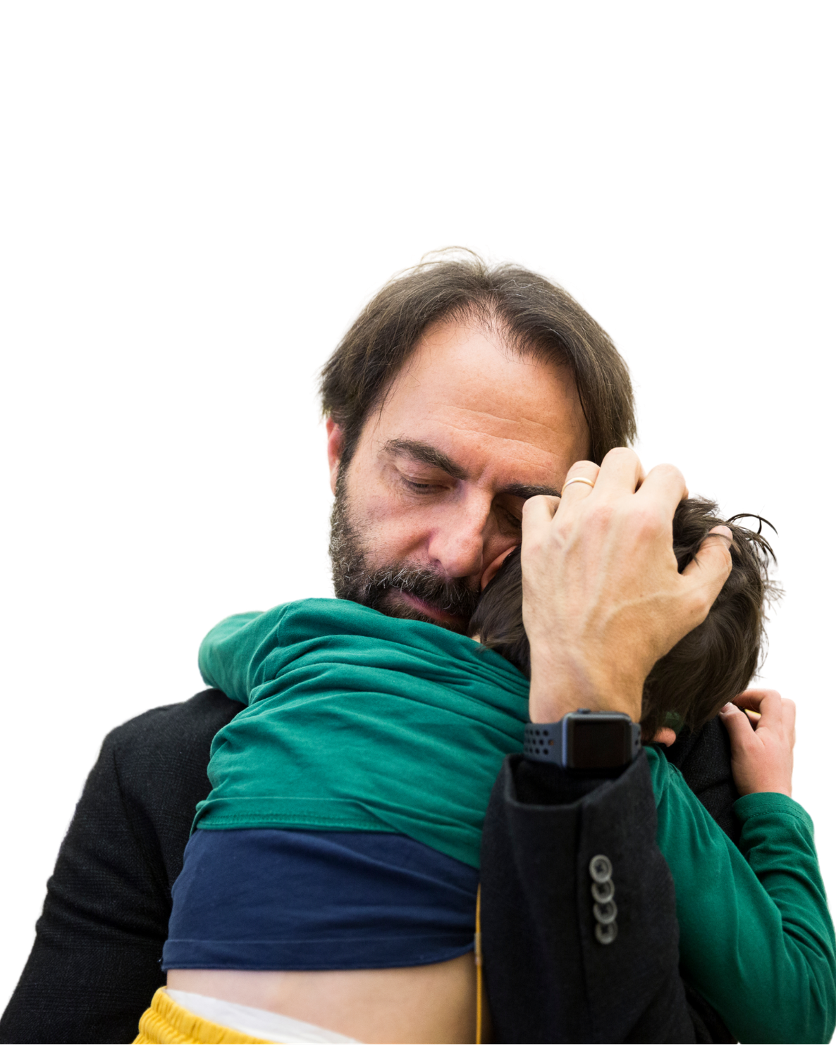 Neri Marcorè, testimonial della Lega del Filo d'Oro racconta la sua esperienza con la Fondazione. Nella foto, molto commosso, abbraccia Nicolò, un piccolo bambino sordocieco