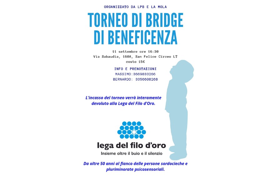 Volantino con testo blu e viola su sfondo bianco; a destra la sagoma azzurra di un bambino in piedi. In basso il logo della Lega del Filo d’Oro con pallini blu e slogan “Insieme oltre il buio e il silenzio”.