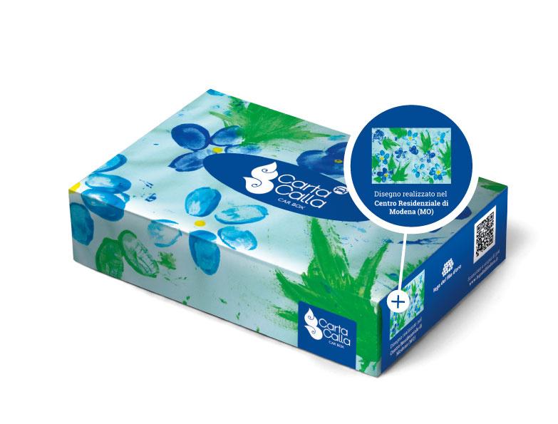 Packaging scatola fazzoletti con la grafica realizzata con i disegni dei ragazzi della Lega del Filo d'Oro per Tigotà