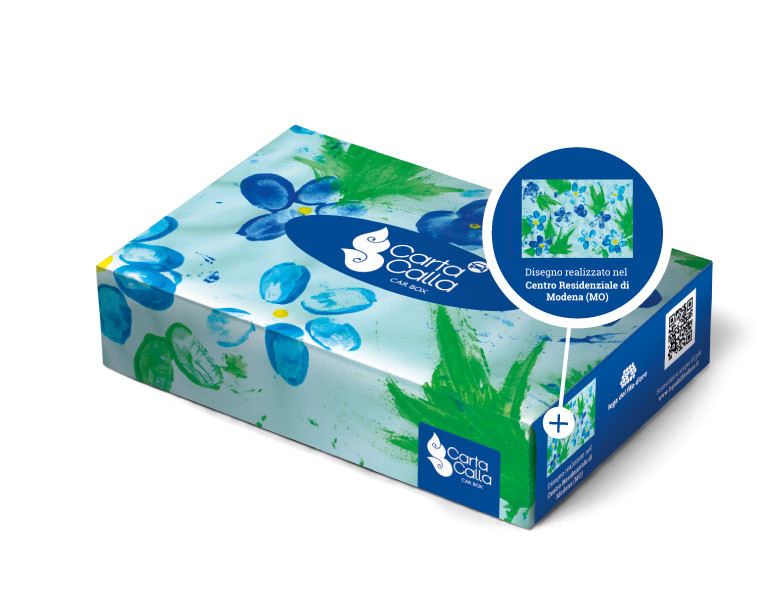Packaging scatola fazzoletti con la grafica realizzata con i disegni dei ragazzi della Lega del Filo d'Oro per Tigotà