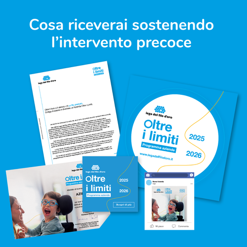 L'immagine mostra i materiali che riceve come riconoscimento l'azienda che sceglie di sostenere l'Intervento Precoce della Lega del Filo d'Oro - attestato, lettera per i dipendenti, post social... 21