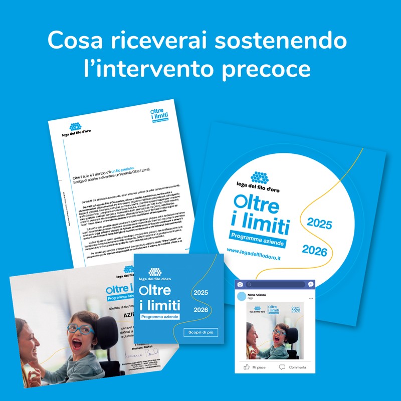 L'immagine mostra i materiali che riceve come riconoscimento l'azienda che sceglie di sostenere l'Intervento Precoce della Lega del Filo d'Oro - attestato, lettera per i dipendenti, post social...