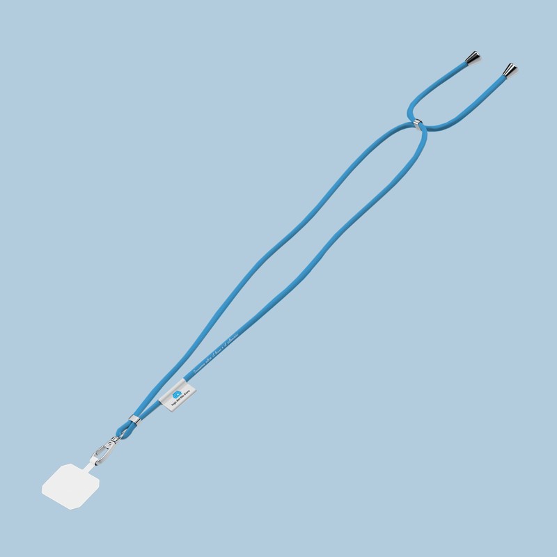 Laccetto per smartphone azzurro scritta "Insieme Oltre il Buio e il silenzio" e con etichetta che mostra il logo della Lega del Filo d'Oro.