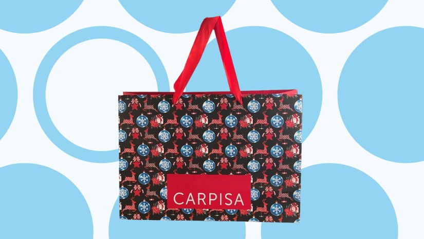 Lo sfondo è azzurro con cerchi blu, come il logo della Lega del Filo d'Oro. Al centro c'è la shopper, nera con dettagli rossi e la scritta "CARPISA" al centro. Sulla shopper ci sono decorazioni natalizie.
