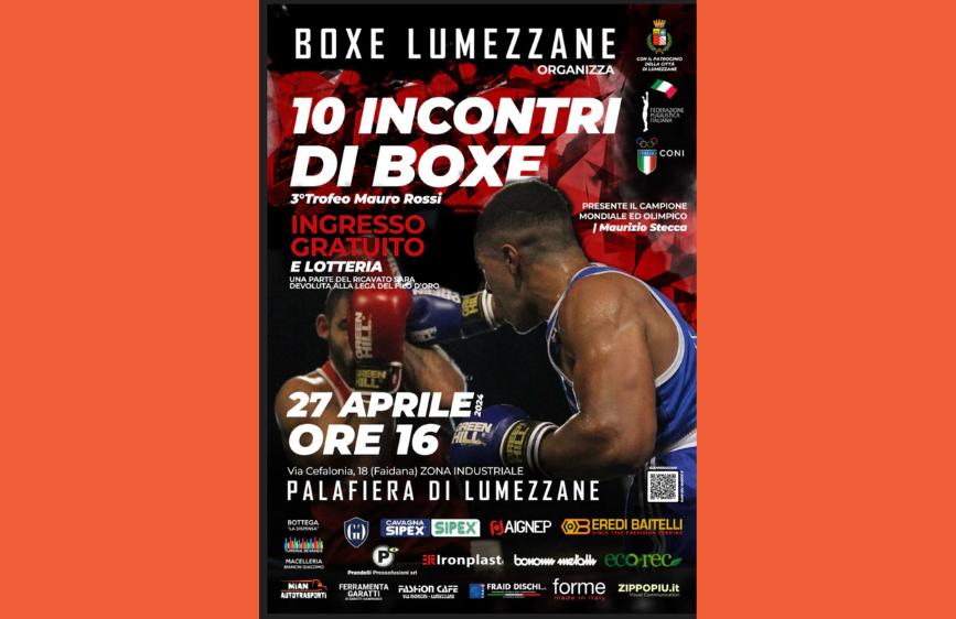 Locandina nera e rossa di evento di boxe con due pugili in azione sul ring; annuncia 10 incontri il 27 aprile 2024 alla Palafiera di Lumezzane, con ingresso gratuito e lotteria. 