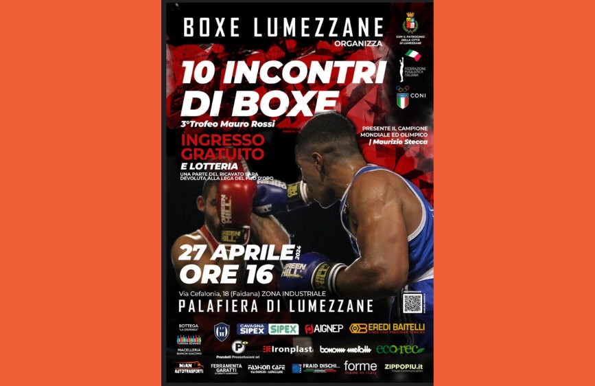 Locandina nera e rossa di evento di boxe con due pugili in azione sul ring; annuncia 10 incontri il 27 aprile 2024 alla Palafiera di Lumezzane, con ingresso gratuito e lotteria. 