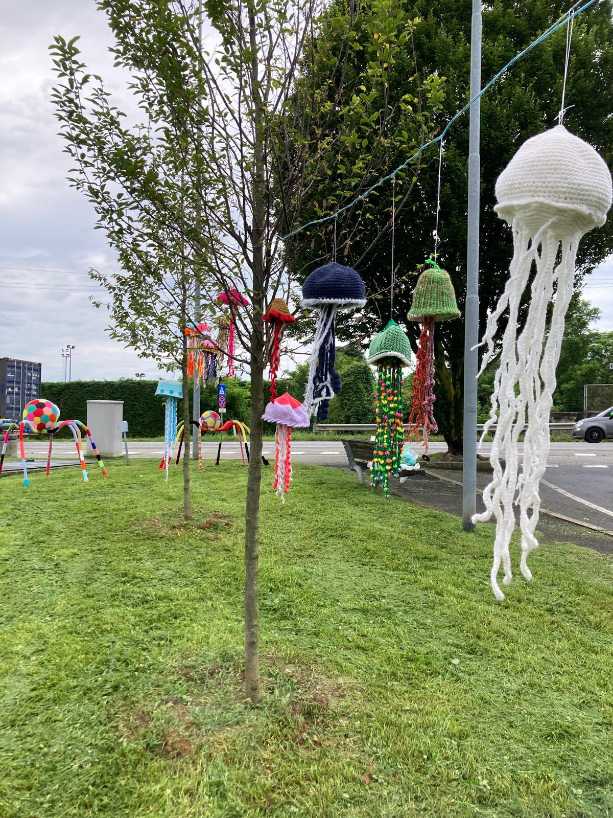 In un parco, meduse realizzate a maglia sembrano fluttuare nell’aria, sospese tra gli alberi. Sullo sfondo si intravede un grande ragno, anch’esso fatto a maglia. L’installazione, parte dello Yarn Bombing della Lega del Filo d’Oro.