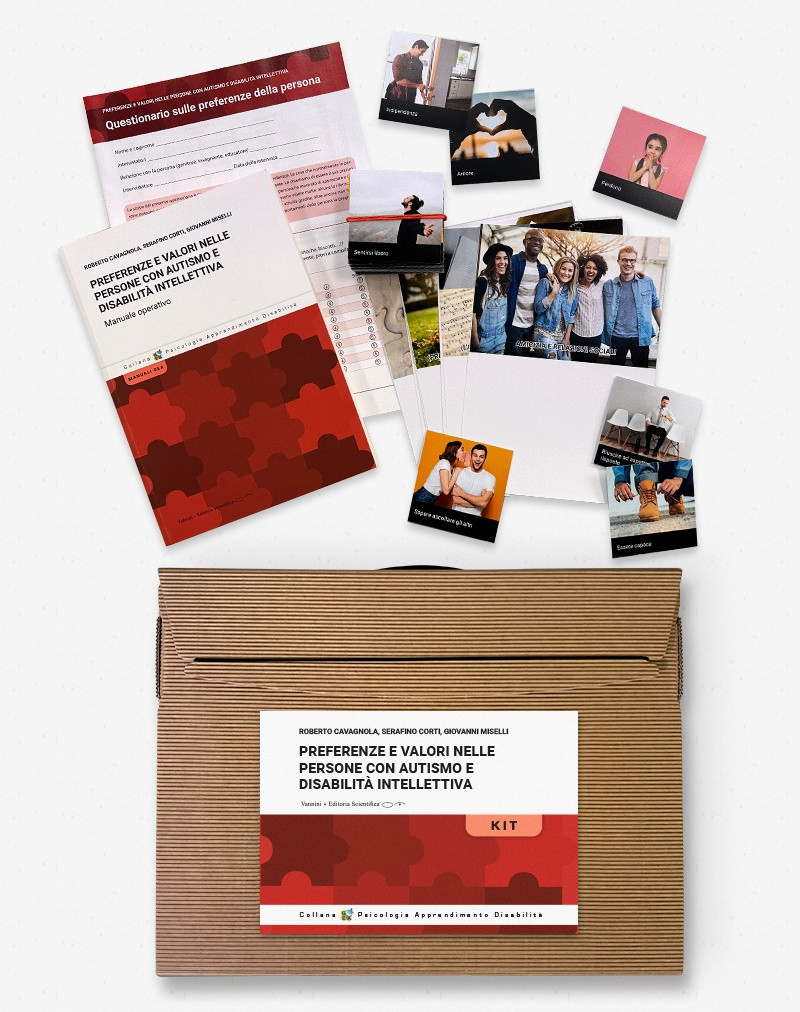 Copertina del libro "Kit Preferenze e valori nelle persone con autismo e disabilità intellettiva" di Roberto Vagnola, rappresentata da una composizione di documenti e immagini su sfondo bianco, con una cartellina di cartone con elastico al centro dove è riportato il titolo. 