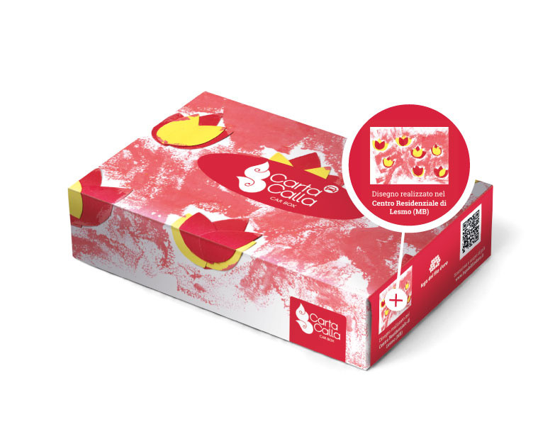 Packaging scatola fazzoletti con la grafica realizzata con i disegni dei ragazzi della Lega del Filo d'Oro per Tigotà