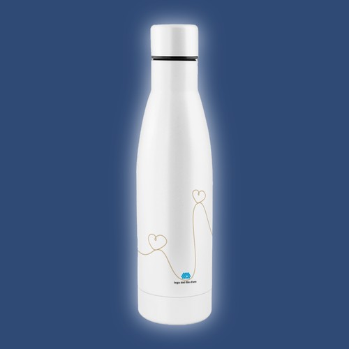 Borraccia termica bianca, in acciaio, da 500 ml, decorata con il logo della Lega del Filo d'Oro e una grafica di un filo dorato che disegna dei cuori tutto intorno.
