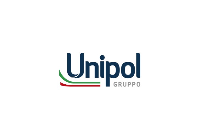 Logo Gruppo Unipol (scritte blu scuro e grigie sopra bandiera italiana su sfondo bianco)
