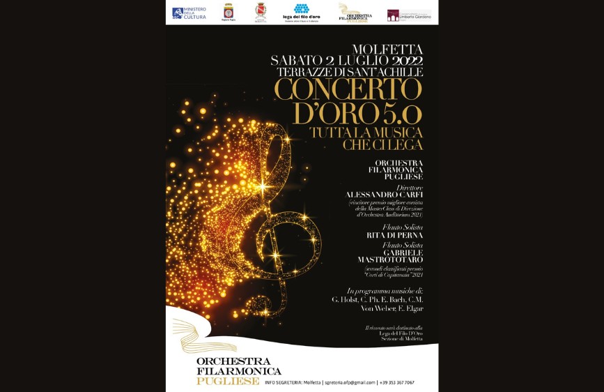 Locandina nera con note dorate luminose per il “Concerto d’Oro 5.0” tenuto a Molfetta. Evento musicale benefico a sostegno della Lega del Filo d’Oro, con l’Orchestra Filarmonica Pugliese.