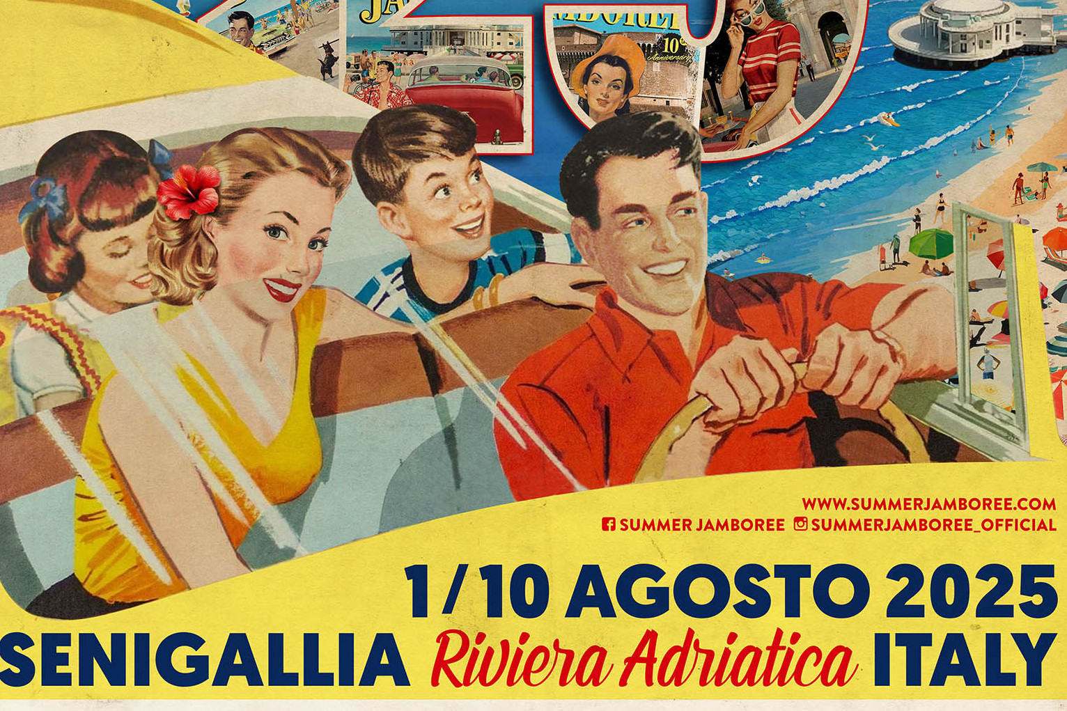 Locandina dell'evento Summer Jamboree 2025 che si tiene a Senigallia dall'1 al 10 agosto. La locandina, vivacemente colorata, mostra una famigliola felice degli anni 50 su una decapottabile gialla. Sullo sfondo, la spiaggia di Senigallia con la caratteristica Rotonda.